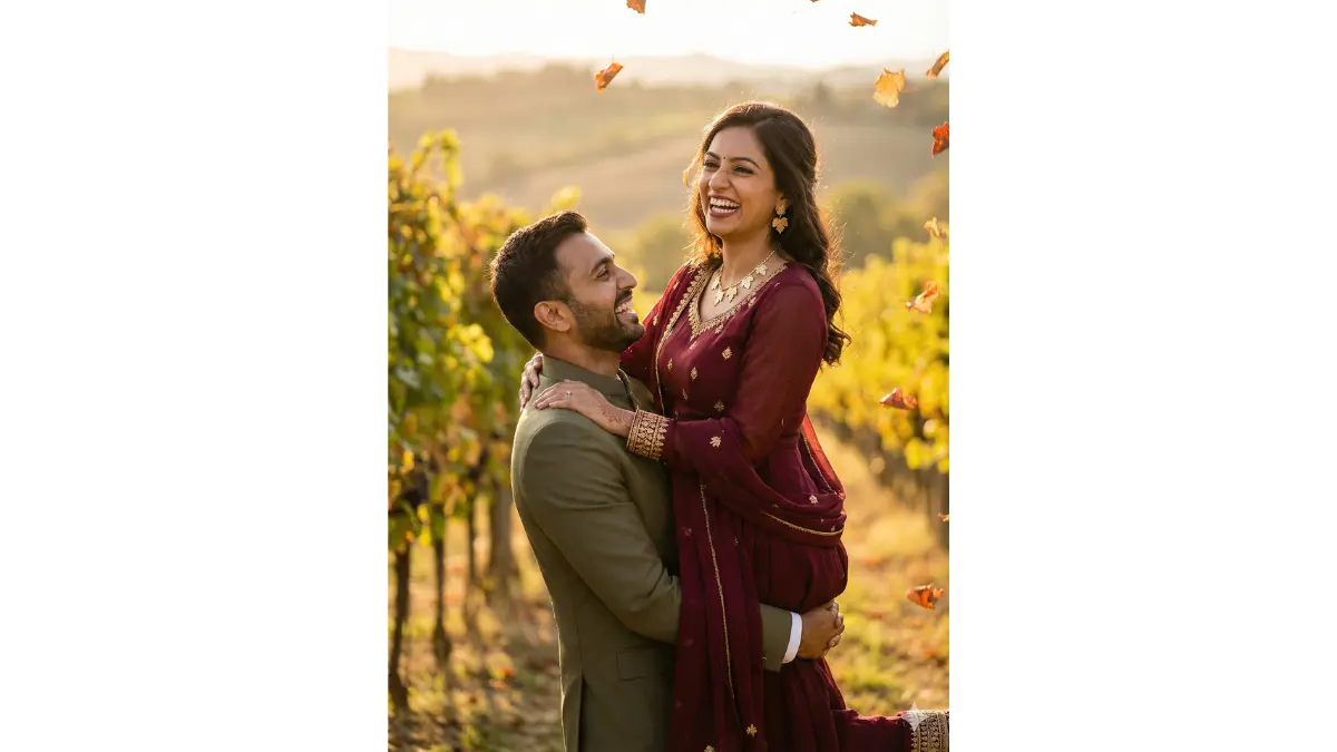 Romantic dramatic pre-wedding portrait, TIGHT MEDIUM-CLOSE SHOT (faces sharp with laughter). Endless Tuscany-inspired Indian vineyard at golden hour. Groom lifts bride playfully, her in wine-red anarkali with vine leaf jewelry, him in olive-green bandhgala.