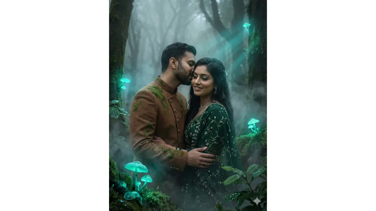 Surreal misty pre-wedding portrait, TIGHT MEDIUM-CLOSE SHOT (chest-up, faces large and hyper-detailed with whispered intimacy). Ancient fog-shrouded forest with bioluminescent mushrooms glowing softly. Bride in forest-green lehenga with vine embroidery and crystal dew drops, groom in earthy brown sherwani. He whispers secrets in her ear from behind, fog swirling around them like magic, soft blue-green rim light piercing mist, ethereal fantasy mood, ultra-sharp dew on skin and leaves