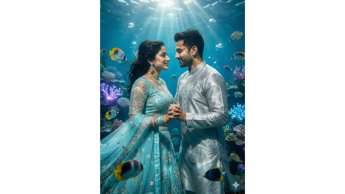 Dreamy underwater pre-wedding scene, TIGHT MEDIUM-CLOSE SHOT (faces dominant, serene eye contact). Vibrant coral reef with colorful fish swirling. Bride in flowing aqua-blue lehenga floating weightlessly, groom in silver kurta holding her hand. Gentle bubbles rising as they "float" in embrace, sunlight rays creating underwater god rays, bioluminescent corals glowing, pure aquatic romance, ultra-detailed water caustics on skin