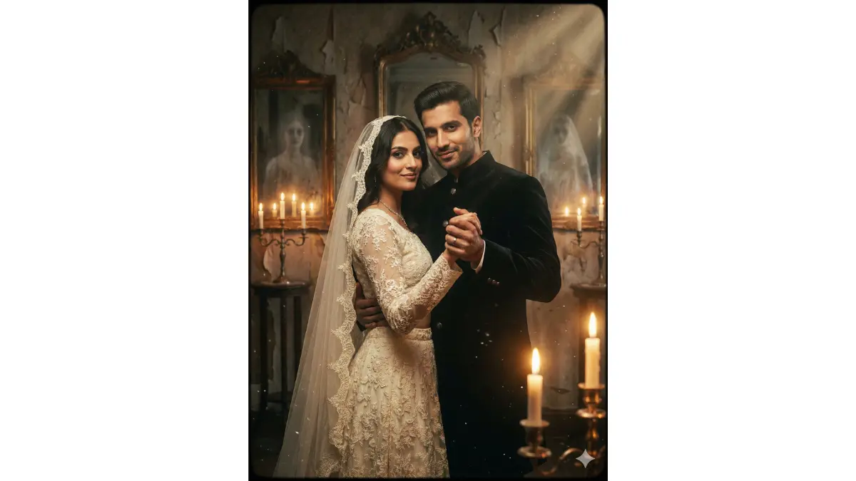 Haunting elegant pre-wedding portrait, TIGHT MEDIUM-CLOSE SHOT (chest-up, faces large with mysterious smiles). Abandoned Victorian manor with floating dust and candle flames. Bride in antique ivory gown-lehenga fusion with lace veil, groom in black tux-sherwani. Mid-waltz pose with ghostly apparitions in mirrors behind, warm candle volumetric light, gothic luxury mood, film grain and subtle vignette