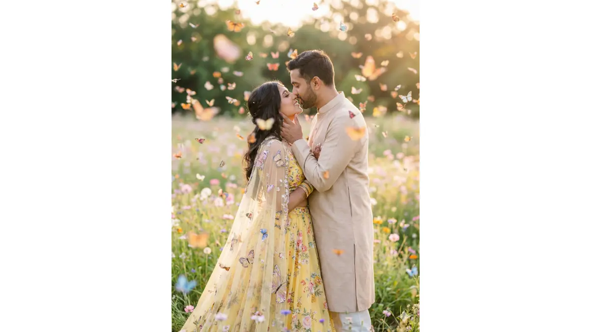 Whimsical romantic pre-wedding scene, TIGHT MEDIUM-CLOSE SHOT (chest-up, faces large with wonder). Blooming meadow with thousands of butterflies releasing. Bride in yellow floral lehenga with butterfly wings cape, groom in beige kurta.