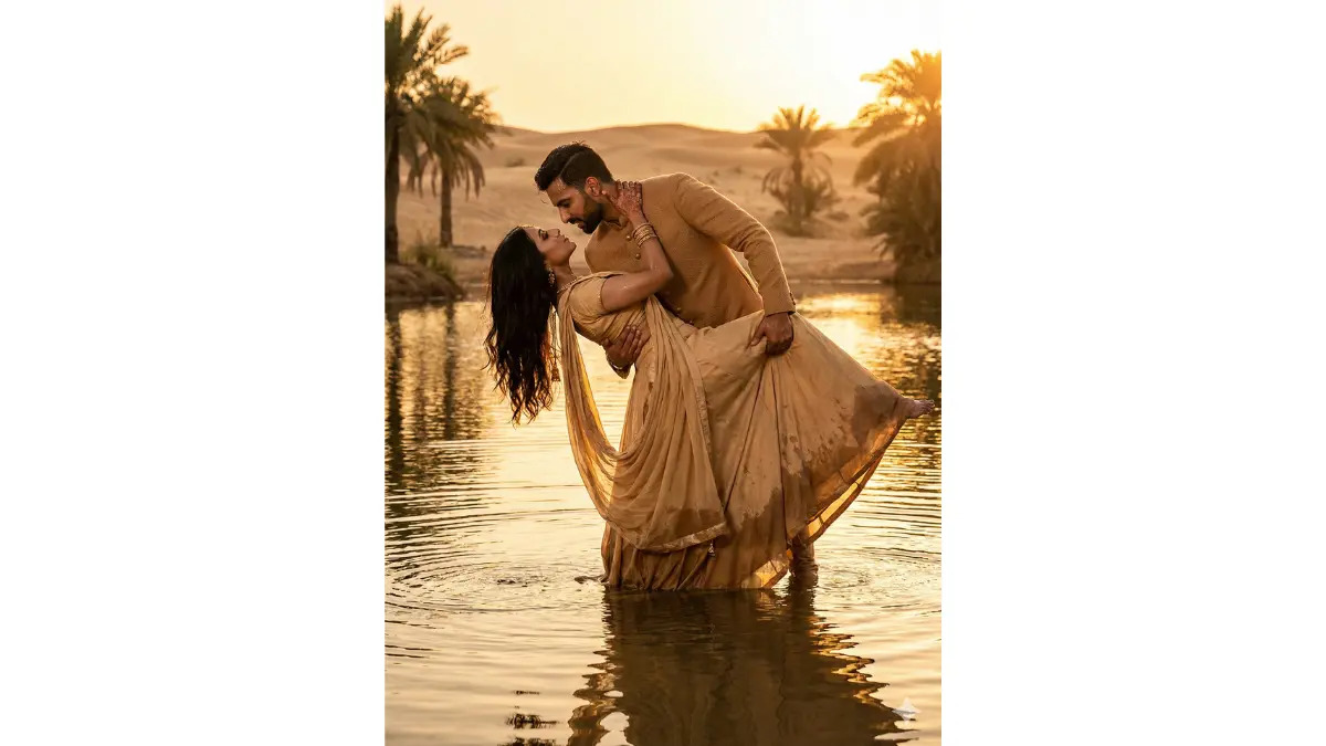 Illusory dramatic pre-wedding portrait, TIGHT MEDIUM-CLOSE SHOT (upper-body focus, passionate expressions). Shimmering desert oasis with mirage waves. Groom dips bride low near palm-fringed water, her in golden sand-toned lehenga, him in camel sherwani. Heat haze distorting background, intense sunset rim light, water ripples reflecting them, exotic mystery mood,