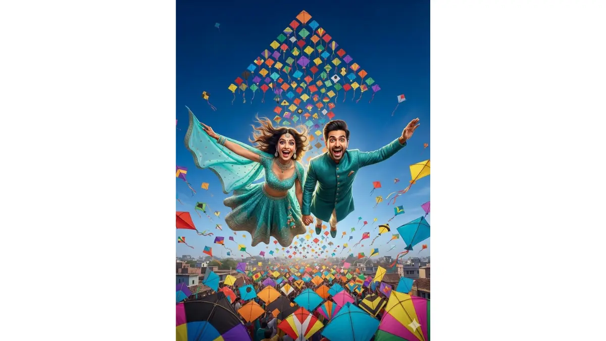 Surreal aerial Makar Sankranti portrait, TIGHT MEDIUM-CLOSE SHOT (chest-up, faces large and hyper-detailed with thrilled excitement). Vibrant kite festival sky with hundreds of colorful kites swirling like a storm. Couple "diving" hand-in-hand (optical illusion pose), her in turquoise lehenga with kite-wing cape, him in teal sherwani. Kites forming a massive arrow pointing to them, blue sky rim light, dynamic wind effects on hair, festive freedom mood, ultra-sharp kite details and joyful expressions