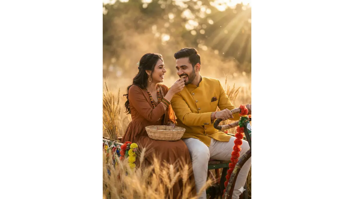 Playful rustic Makar Sankranti portrait, TIGHT MEDIUM-CLOSE SHOT (upper-body focus, faces sharp with flirty laughter). Decorated sugarcane wagon in golden wheat field at sunset. Groom "driving" while bride feeds him tilgul from basket, her in earthy brown anarkali with harvest beads, him in mustard yellow bandhgala. Sun rays piercing crops, wheels kicking up dust