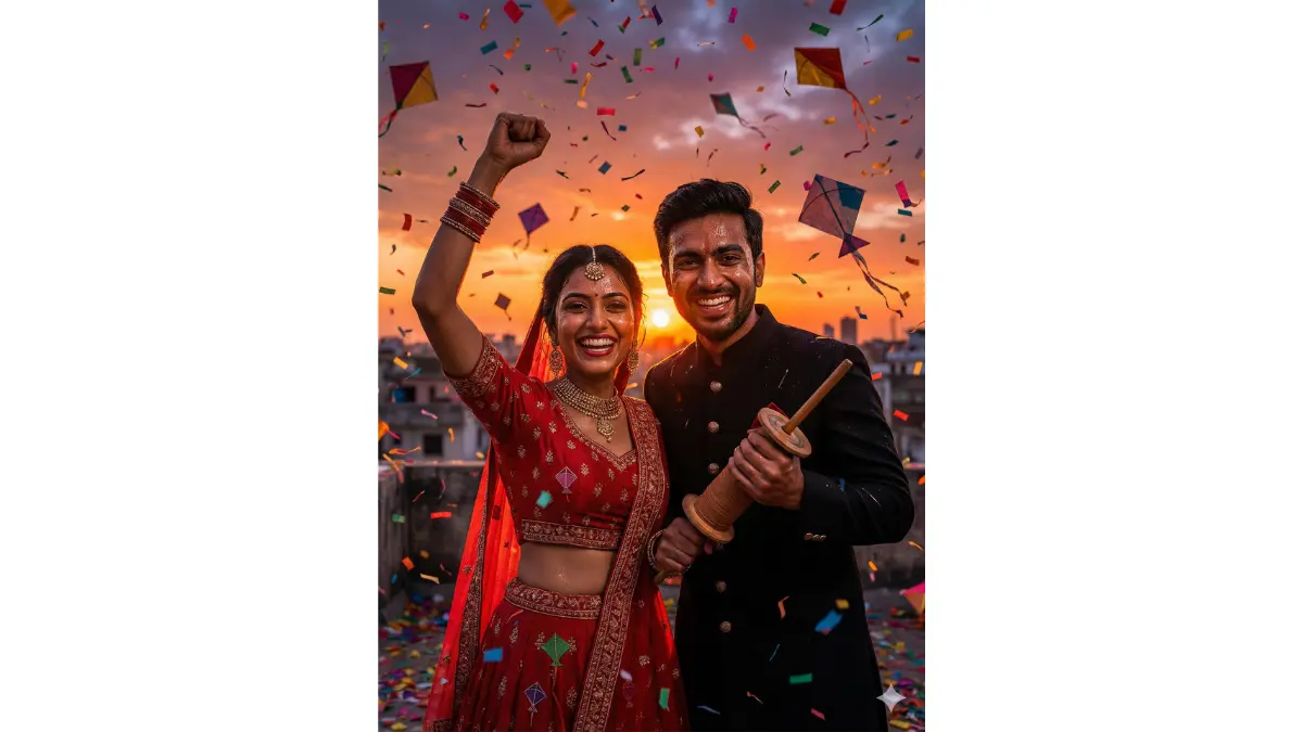 Explosive Makar Sankranti rooftop portrait, TIGHT MEDIUM-CLOSE SHOT (chest-up, faces large and hyper-detailed with triumphant joy). Just won a fierce kite battle – cut manja strings raining like confetti. Passionate victory pose, bride in fiery red lehenga with “Patang” embroidery, groom in black sherwani holding the winning spool. Twilight purple-orange sky, cut kites falling in slow-motion, intense rim light on sweat-glistened skin, pure adrenaline festival mood