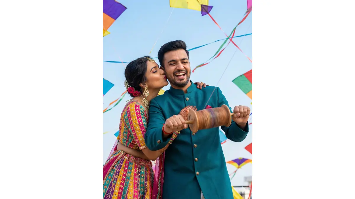 High-energy reel-style Makar Sankranti shot, TIGHT MEDIUM-CLOSE SHOT (chest-up, faces large with spinning excitement). Groom spinning the firki rapidly while bride hugs him from side, stealing a quick kiss. She in multicolored lehenga matching sky kites, he in teal bandhgala. Motion blur on spool, colorful kites filling sky, pure festival chaos and love