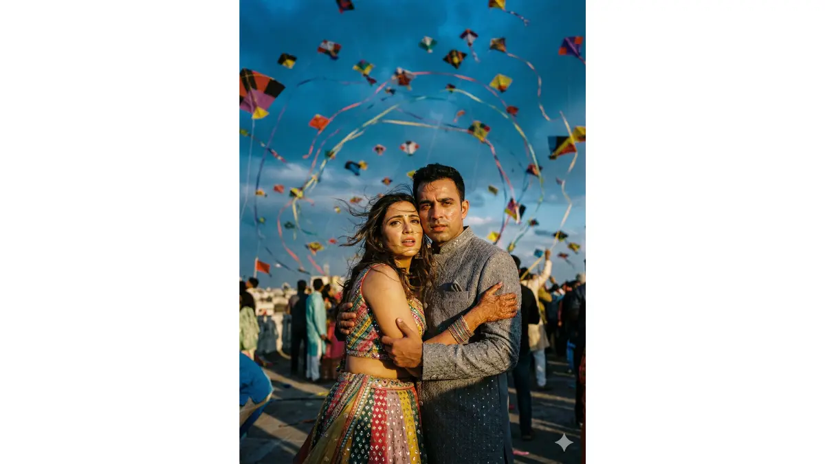 Surreal intense Makar Sankranti portrait, TIGHT MEDIUM-CLOSE SHOT (chest-up, faces large and hyper-detailed with breathless wonder). Rooftop in a swirling kite vortex – dozens of colorful kites circling them like a tornado. Tight whirlwind hug, bride in multicolored lehenga with vortex sequins, groom in grey sherwani gripping her protectively