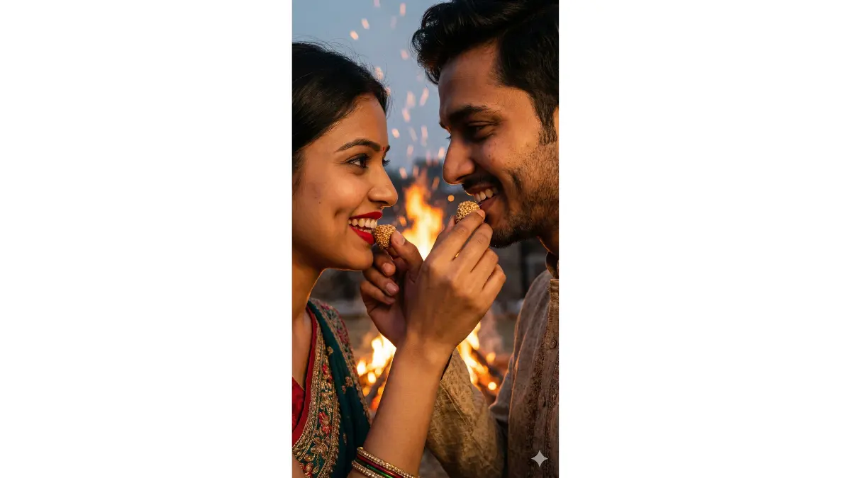 Detailed close shot of a young couple's faces exchanging tilgul sweets by a flickering bonfire at Makar Sankranti dusk, faces sharply in focus with visible eyelashes, dimples, and warm fire glow reflecting in their eyes, her red lipstick and his stubble textured realistically, tender smiles and fingers brushing as they feed each other, sparks softly blurring in the background, intricate details on the sesame sweets