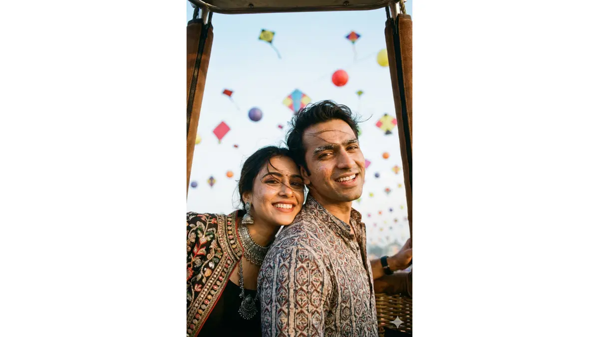 Close shot portrait of a trendy india couple's faces in a hot air balloon during Makar Sankranti, faces clearly detailed with excited smiles, visible pores, and wind-swept eyebrows, her leaning her cheek against his shoulder, modern-ethnic fusion jewelry glinting, colorful kites and lanterns in dreamy bokeh below, realistic balloon basket edges framing the shot, subtle film grain for an adventurous retro feel, amazing hyper-realistic textures on faces and fabrics, capturing their intimate joy