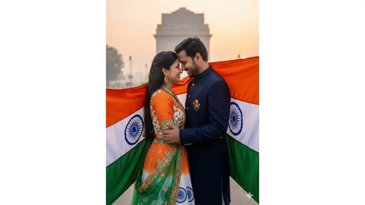 India Gate at first light on January 26, massive tricolor flag billowing behind them like a cape. Couple in fusion attire: bride-like in saffron-white-green lehenga with Ashoka Chakra embroidery, groom in navy sherwani with national emblem brooch. Gentle forehead hug as flag wraps around them symbolically, soft orange dawn rim light glowing on skin, misty Delhi fog, ultra-sharp flag ripples and joyful patriotism