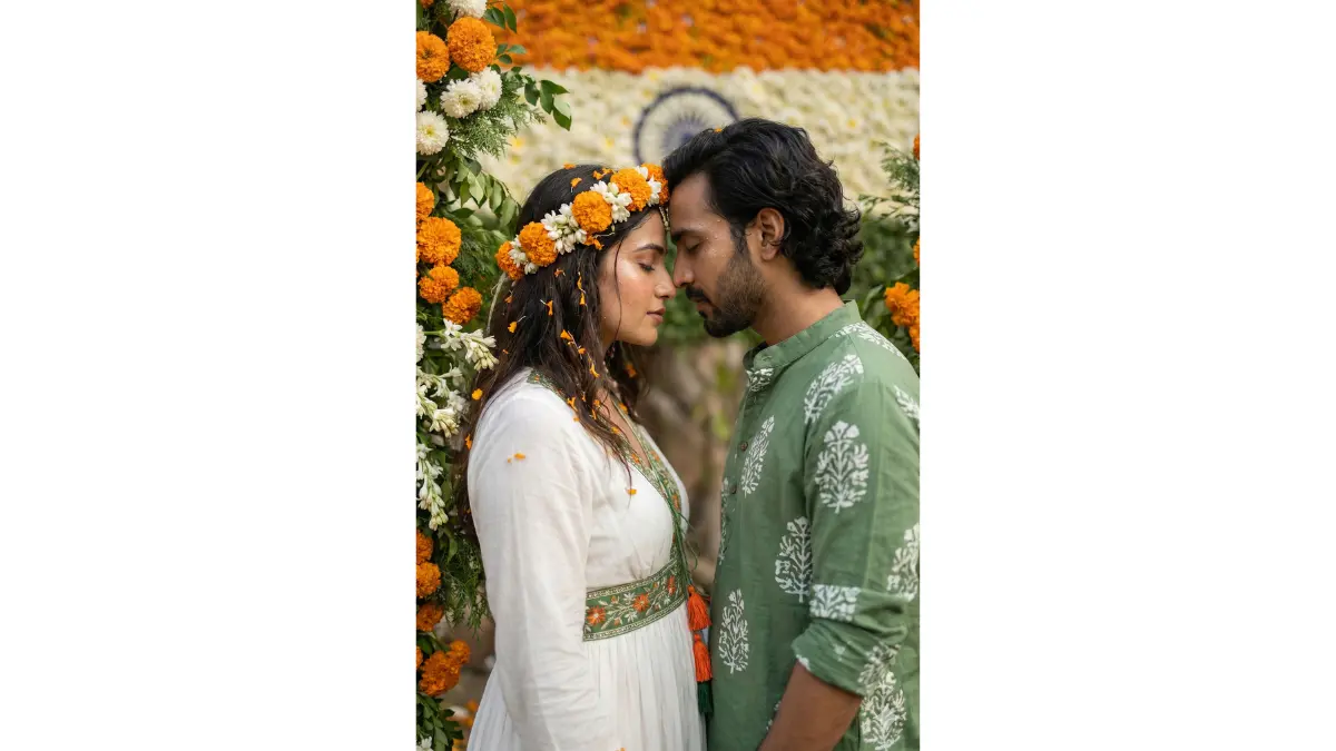 Artistic close-up portrait of a bohemian couple surrounded by blooming flowers in saffron, white, and green, the woman with floral crown incorporating marigolds and jasmine, wearing a flowy white dress with green sash and saffron accents, the man in a casual green shirt with white patterns, gentle forehead touch expressing devotion, background with abstract petal explosions forming the national emblem, soft diffused natural light, intricate petal details and dewy skin, ethereal and dreamy vibe.