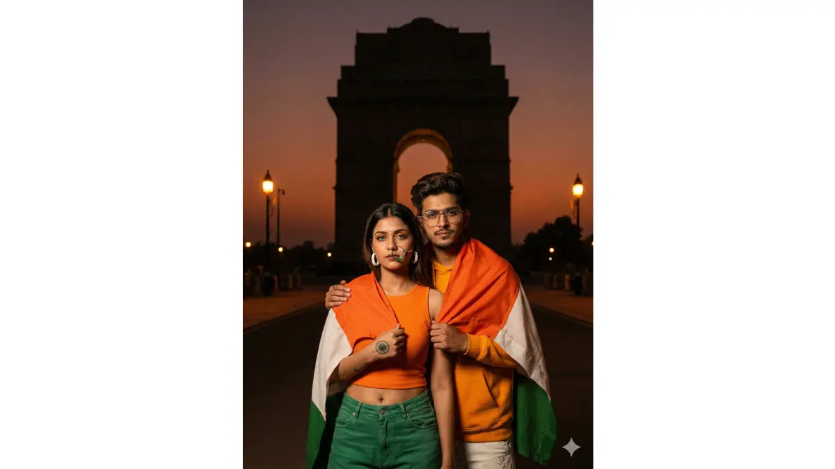 Striking portrait of a Gen-Z couple posing against the India Gate silhouette at dusk, the woman's profile sharp with a green nose ring and white earrings, dressed in a trendy saffron top and green jeans, the man with stylish glasses in white sneakers and a saffron hoodie, arms around each other with the Indian flag draped like a cape, subtle Ashoka Chakra tattoo visible on her wrist, warm amber lighting casting long shadows, detailed facial contours and urban fashion elements, cinematic depth of field, high-definition