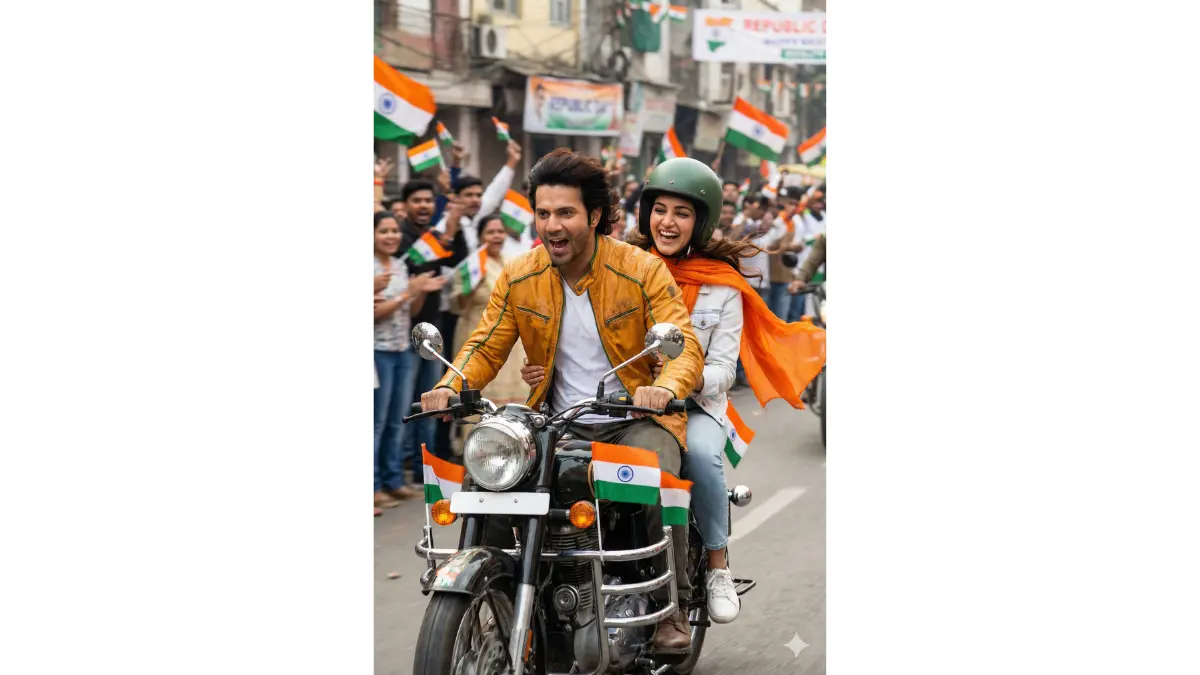 Adventurous portrait of a couple on a motorcycle ride through Republic Day-decorated streets, the woman as pillion in green helmet and white jacket with saffron scarf fluttering, excited laughter, the man driving in saffron leather with green accents over white tee, bike adorned with mini flags, urban background with cheering crowds and tricolour banners, dynamic motion blur and wind effects, detailed vehicle shines and facial adrenaline, action-packed vibe, viral for thrill-seeking posts