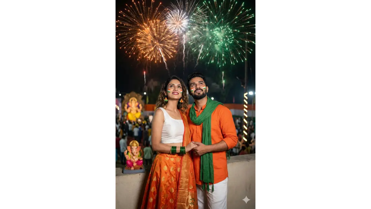 Intimate portrait of a stylish millennial couple under Republic Day fireworks, blending with Maharashtra's Ganesh Chaturthi vibes, the woman's sharp features illuminated in saffron and green sparkles, adorned in a trendy fusion outfit with white modak-inspired accessories, saffron Paithani lehenga, and green bangles, the man with a neat beard in a contemporary saffron shirt over white pants and green scarf, holding hands with tricolour painted on their cheeks and a small Ganesh idol nearby, emotional gaze towards the sky, dynamic light trails from fireworks creating a dramatic aura, ultra-detailed skin textures and hair flow