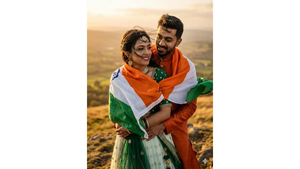 Dramatic windy Republic Day portrait, TIGHT MEDIUM-CLOSE SHOT (chest-up, faces large and hyper-detailed with affectionate smiles). Hilltop viewpoint with tricolor scarf whipping in breeze like a flag. Groom hugs bride from behind, scarf wrapping them symbolically, her in green-white lehenga with scarf jewelry, him in saffron sherwani. Golden hour wind effects on hair
