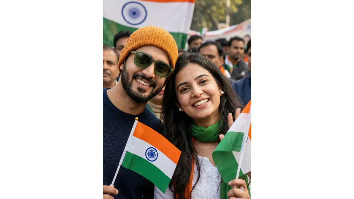 Detailed close-up of a stylish couple beaming at the camera while waving mini tricolor flags, the man's face showing a neatly trimmed beard and green-tinted sunglasses, wearing a saffron beanie; the woman with flowing hair, white pearl studs, and a green scarf; their expressions full of joy, with faint crowd cheers and Ashoka Chakra banners in soft focus behind, capturing the essence of Republic Day enthusiasm.