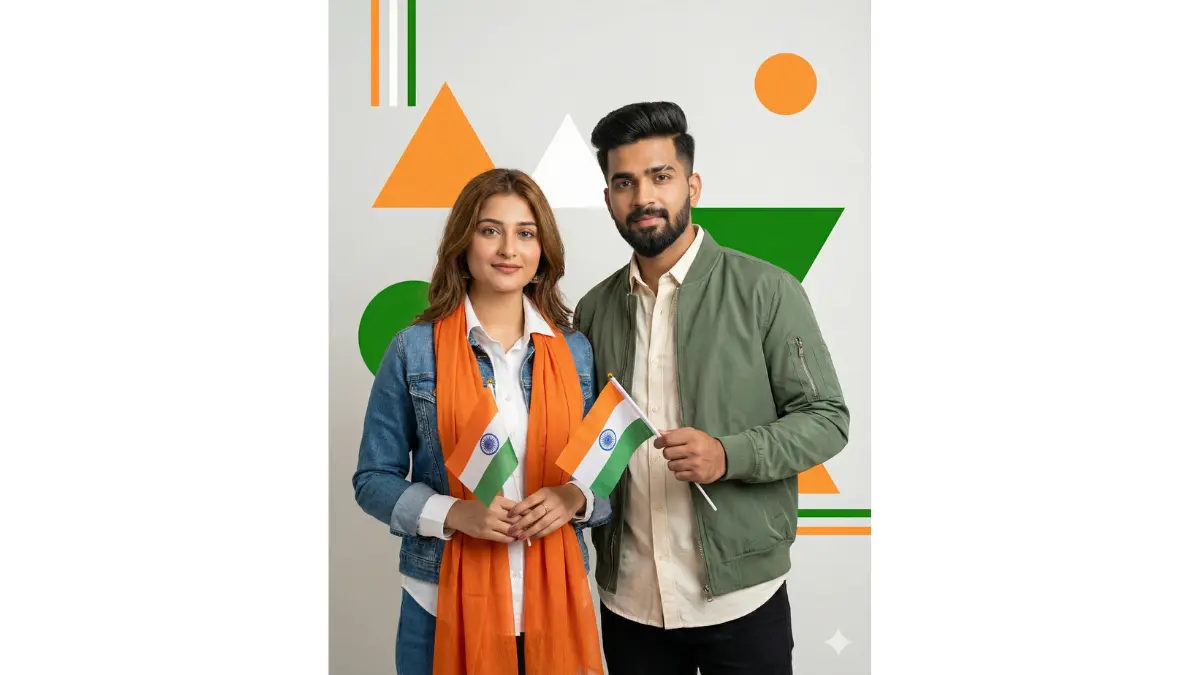 minimal Republic Day aesthetic. Dress us in that fusion streetwear vibe—girl in a white shirt with orange scarf and denim jacket, guy in a cream shirt with green bomber. Background should be super clean with abstract geometric shapes in saffron, white, and green—think editorial magazine vibes. Keep our poses natural. Style should be Pinterest-worthy minimalist.