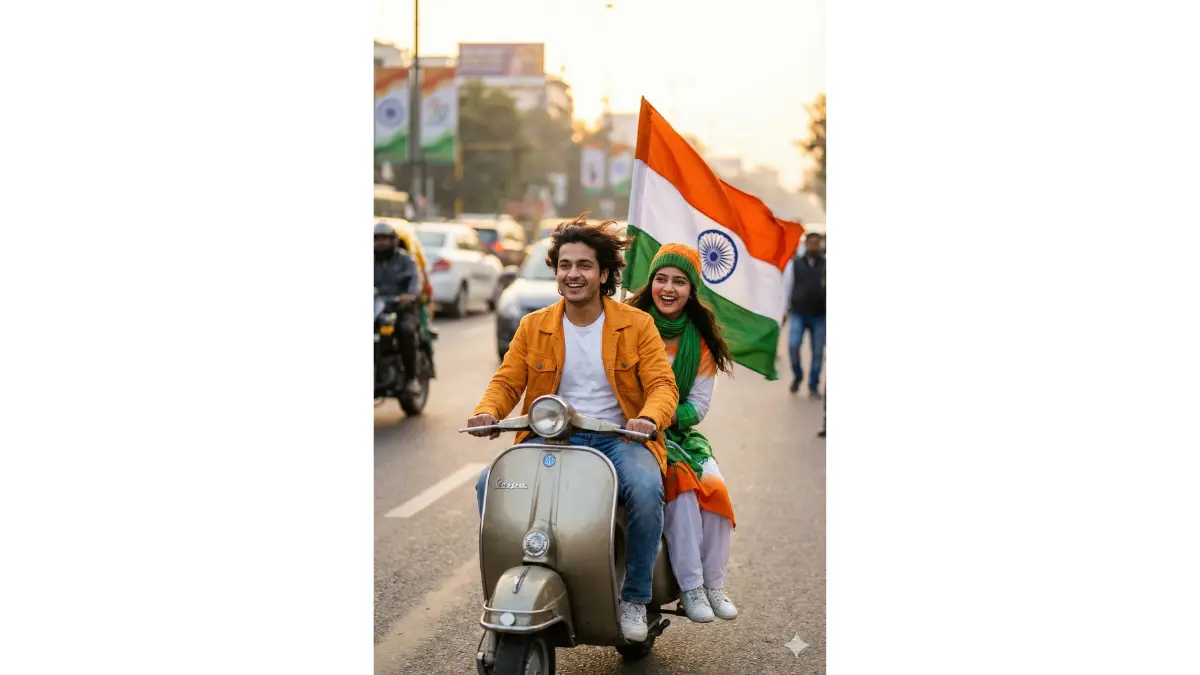 Urban street portrait of a young GenZ couple on a scooter, with the flag attached to the back waving dynamically. Helmets off, wind-swept hair, excited grins; dressed in trendy layers of tricolor clothing. Background of city traffic with Republic Day banners. Dynamic motion blur on flag, sharp focus on faces, golden-hour vibe.