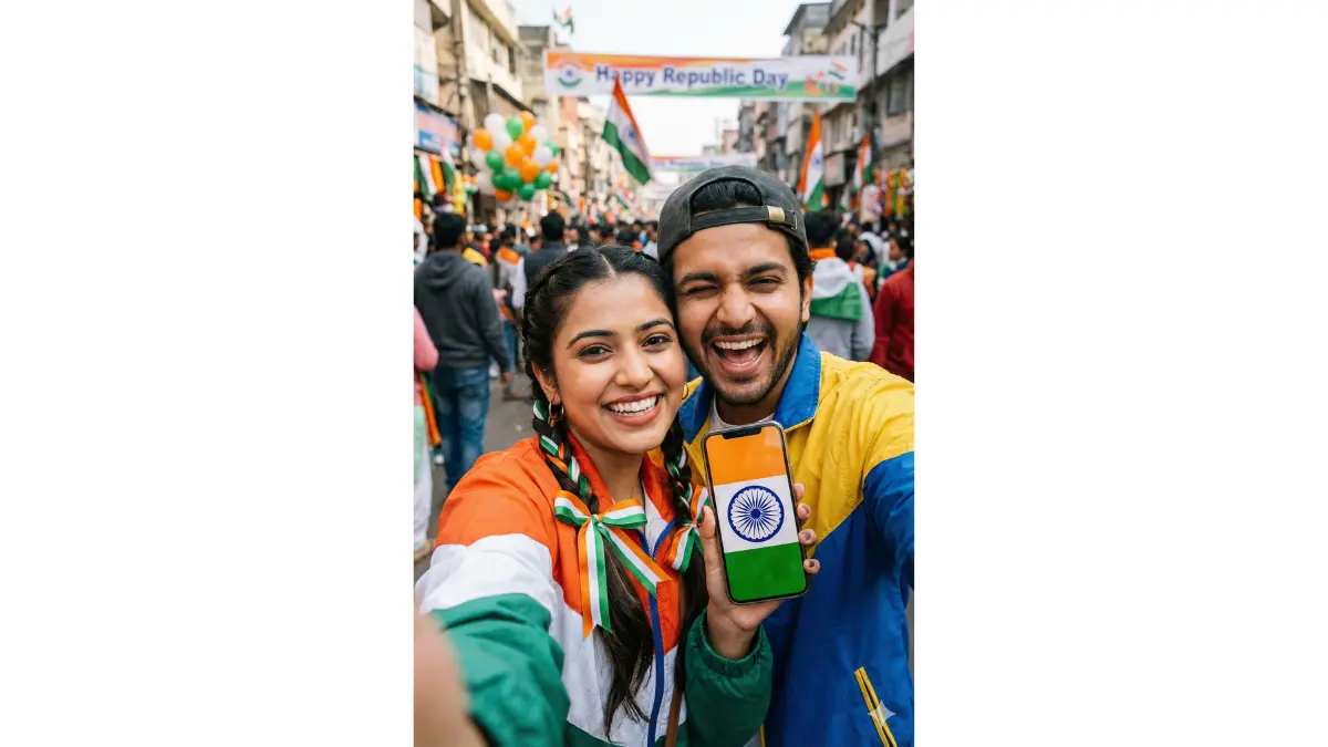 close-up of a Gen Z couple taking a selfie pose, with one holding a phone showing a digital Ashoka Chakra filter. Playful smiles, diverse features; she with braided hair in tricolor ribbons, he with cap backwards. Background a bustling street with Republic Day decorations. Bright daylight lighting, sharp details on gadgets and faces, shallow depth of field blurring the crowd. Ultra-cinematic, fun and relatable, with pop art color pops in saffron, white, green. Designed for high-engagement social media trends. Portrait orientation