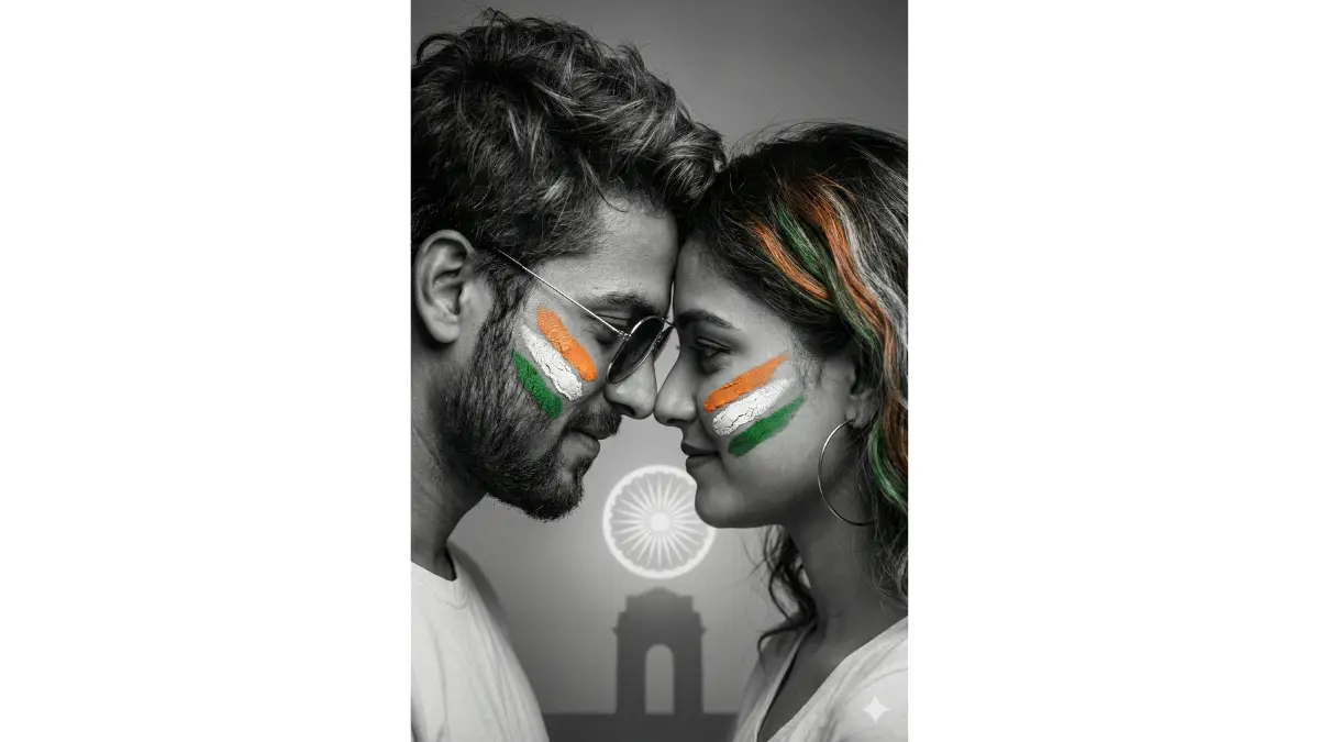 close-up portrait of a trendy GenZ couple posing intimately, foreheads touching, with faces painted in saffron, white, and green stripes. The guy has messy hair, a beard, and wears aviator sunglasses; the girl has wavy hair with tricolor highlights and hoop earrings. They share a subtle smile, evoking unity and youth patriotism. Neutral studio background with faint India Gate silhouette and Ashoka Chakra glow. Soft dramatic lighting, high contrast, razor-sharp micro-details on skin and paint textures.