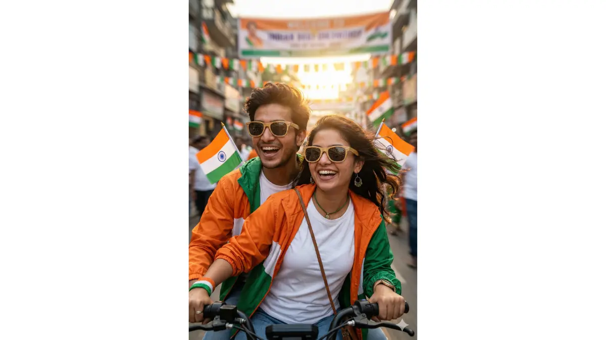 a thrilling close-shot urban portrait of a GenZ couple on an electric bike zipping through decorated streets, focusing intimately on their wind-swept hair and excited grins, with flags waving wildly just behind their shoulders on Republic Day. Trendy layers: saffron jackets, white tees, green pants, eco-friendly accessories visible in tight framing. Background with heavily motion-blurred banners and crowds for depth, golden-hour vibrancy, cinematic action with razor-sharp facial focus and expressions, 8K detailed kinetics on skin textures and hair flow, inspired by fast-paced adventure films.