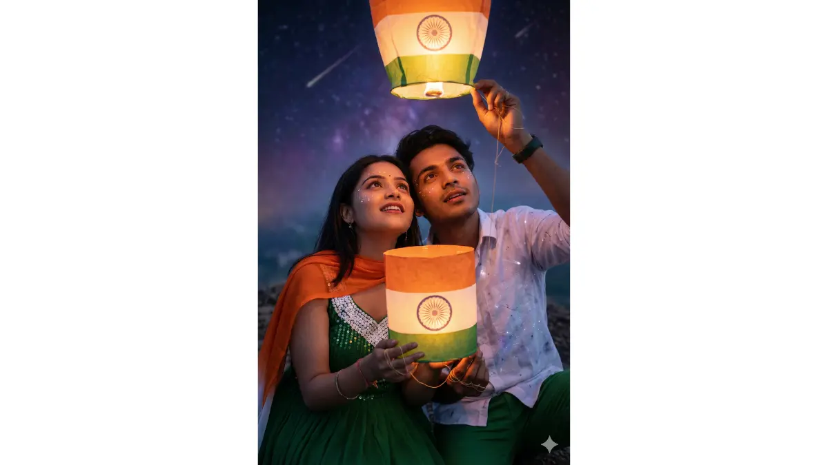close-shot night-sky portrait of a young GenZ couple ascending a hilltop, focusing intimately on their upturned faces filled with wonder as they release lantern kites shaped like the Indian flag into the stars on Republic Day. Modern attire with celestial twists visible in tight framing: she in a green starry gown with white sequins and saffron cape draped over her shoulders; he in a white cosmic shirt, green pants partially seen, and saffron boots. Lanterns held close in their hands, trailing Ashoka Chakra glows upward, with subtle meteor showers in the softly blurred background adding magic. Dramatic starlight illumination casting lantern glows on their features, ultra-intricate kite strings winding from their fingers and constellation sparkles on skin, 16K epic scale emphasizing facial details and expressions.