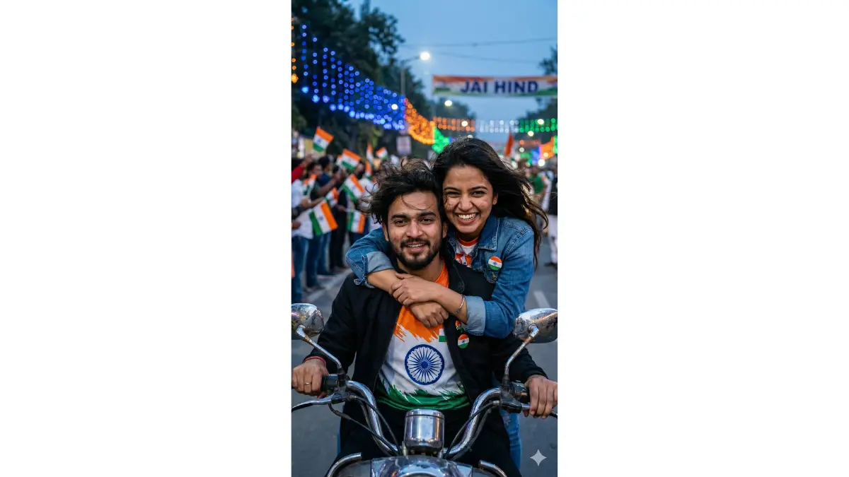 close-up photorealistic portrait of a young GenZ Indian couple riding a scooter together through festive streets on Republic Day, tight crop focusing on their faces and upper bodies, the woman at the back hugging the man tightly around his chest with a joyful smile, both helmets off, wind-swept hair blowing dynamically, wearing casual trendy outfits with patriotic pins – graphic tees in tricolor accents, ripped jeans, and sneakers, sharp focus on expressive eyes, smiles, wind effects on hair, and scooter details like handlebars and mirrors, background softly blurred with crowds waving small Indian flags and streets decorated in tricolor lights, cool evening blue tones mixed with warm saffron and green highlights from flags and lights