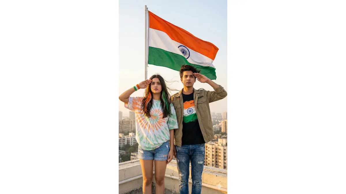 Vibrant HD portrait of a young GenZ couple saluting together for Republic Day, the girl with colorful hair streaks in saffron, white, and green, wearing a trendy oversized shirt and shorts, the boy in casual jeans and a patriotic graphic jacket, standing on a rooftop with the Indian flag flying high behind them, city skyline in the background, dynamic wind effect on hair and flag, warm sunrise lighting, emotional expressions of unity and patriotism