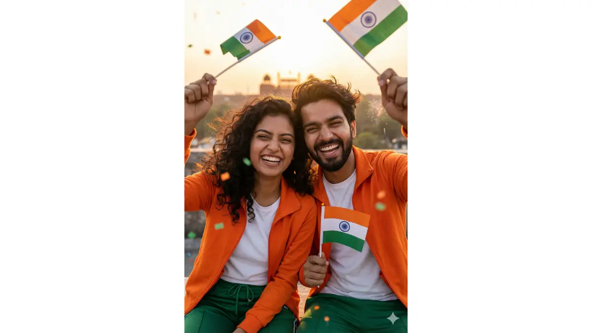 portrait of a young GenZ Indian couple on a rooftop overlooking Delhi skyline, tight crop focusing on their faces, shoulders, and hands waving small Indian flags excitedly toward the camera, diverse ethnicities, joyful wide smiles and sparkling eyes full of youthful energy and pride. Dressed in matching tricolor athleisure: saffron jackets, white tees, green track pants, casual sneakers visible at edges. Golden-hour sunlight casting warm glowing highlights on their faces and hair, with subtle confetti-like tricolor particles floating in the foreground air. Background softly blurred with faint outlines of Red Fort, distant fireworks bursts, and city skyline at sunset.
