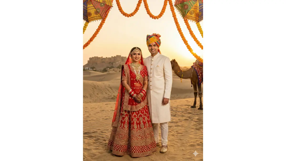 a royal Rajasthani desert wedding portrait. Keep our faces and expressions exactly as they are. Dress the bride in a traditional red or pink bridal lehenga with heavy zari work, gold jewelry including maang tikka, nath, and chooda. Dress the groom in an ivory or cream sherwani with a traditional Rajasthani safa (turban) and gold mojaris. Replace the background with golden Thar desert sand dunes, Jaisalmer Fort visible in the distance, and traditional Rajasthani decorations. Add warm golden hour lighting. Include elements like hanging marigold torans and traditional umbrella (chhatri).