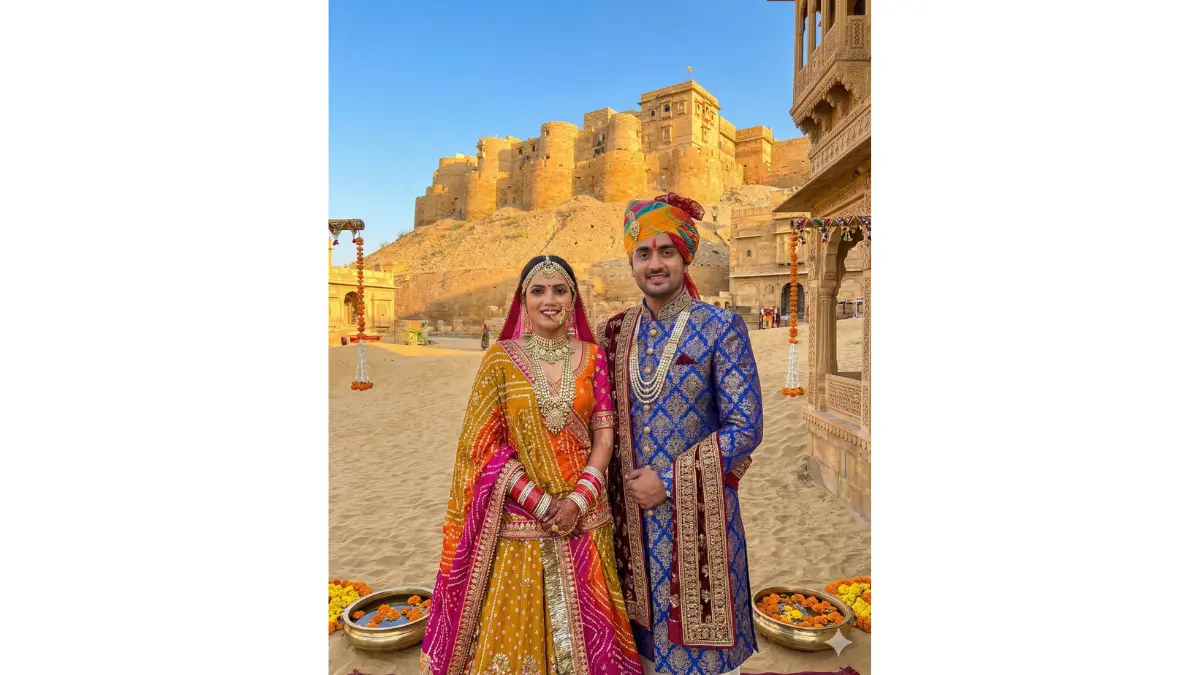 a Jaisalmer desert wedding portrait with the iconic golden fort. Dress the bride in a Bandhani or Gota patti lehenga in traditional Rajasthani colors (mustard, orange, or fuchsia) with Rajasthani kundan jewelry. Dress the groom in a royal sherwani with an embroidered stole and Rajputi pagdi. Replace the background with Jaisalmer's Sonar Quila (Golden Fort) against clear blue sky, surrounding sand dunes, and traditional haveli architecture elements. Add warm afternoon lighting that makes the fort glow. Include decorative elements like traditional toranas and brass urlis.