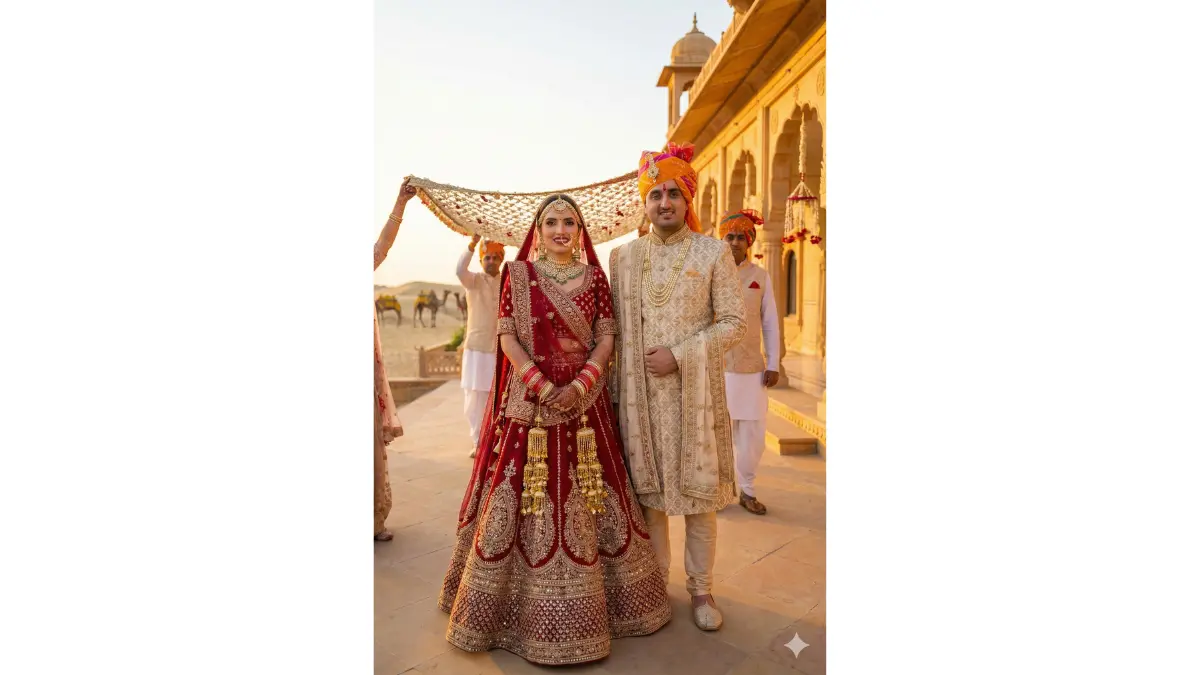 a royal desert palace wedding portrait while keeping our faces visible with perfect clarity. Dress the bride in a heritage Rajasthani bridal lehenga with gota patti work, adorned with traditional Rajasthani jewelry including borla, nath, haath phool, and payal. Dress the groom in an ornate sherwani with an embroidered dupatta draped traditionally and a royal Rajasthani turban with kalgi. Replace the background with a magnificent desert palace (like Umaid Bhawan or similar heritage property) with desert landscape visible. Add golden hour lighting making the palace glow. Include traditional elements like hanging kaleere, phoolon ki chadar, and ceremonial decorations.