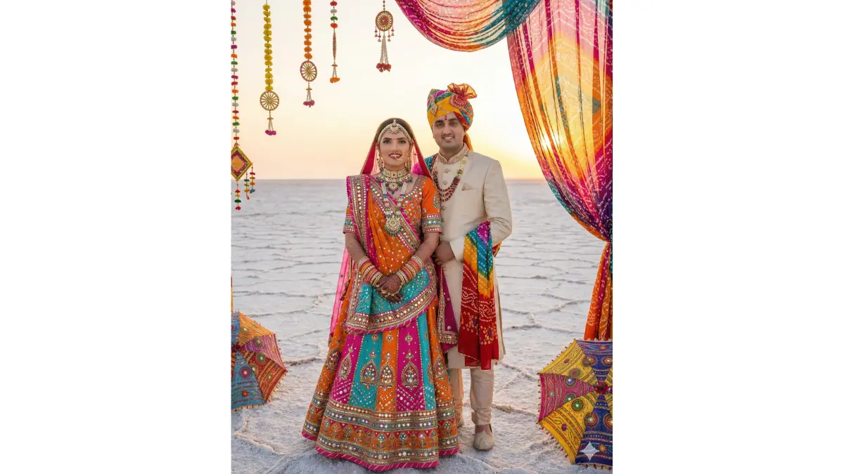 a spectacular Rann of Kutch white desert wedding portrait. Dress the bride in a vibrant Gujarati or Rajasthani bridal lehenga in bright colors (orange, pink, or turquoise) with traditional mirror work and heavy embroidery, adorned with colorful Gujarati jewelry. Dress the groom in a traditional sherwani or kurta with a colorful stole and Gujarati-style turban. Replace the background with the pristine white salt desert of Kutch with clear blue sky. Add traditional colorful Gujarati decorations, bandhani fabrics, and traditional umbrellas. Include warm lighting during sunset or full moon night.