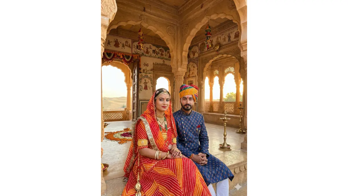 a traditional Rajasthani haveli courtyard with desert backdrop while preserving our facial features perfectly. Dress the bride in a traditional Rajasthani lehenga with leheria or bandhani print, complete with traditional jewelry including borla, timaniya, and bajuband. Dress the groom in a traditional Rajasthani outfit with angarakha or sherwani and colorful pagdi. Change the background to a beautifully carved haveli with traditional jharokhas, colorful frescoes, and visible desert landscape beyond. Add traditional Rajasthani decorations like torans, rangoli, and brass lamps.