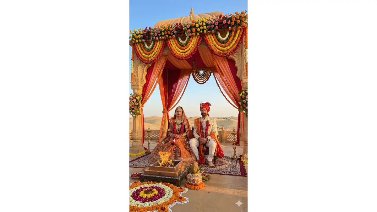 a beautiful desert mandap ceremony scene while keeping our faces clearly visible and recognizable. Dress the bride in a traditional red, pink, or orange bridal lehenga with full bridal jewelry set including matha patti, nath, haar, and kalire. Dress the groom in an ivory or cream sherwani with red or orange dupatta and traditional turban. Replace the background with an elaborate traditional mandap decorated with marigold flowers, roses, and fabric drapes set against desert landscape. Include sacred fire (havan kund), traditional kalash, and flower decorations. Add warm ceremonial lighting. Show desert dunes and clear sky in the background.