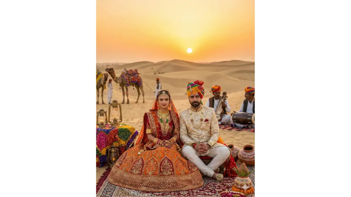 a Sam Sand Dunes (Jaisalmer) sunset wedding portrait while maintaining our recognisable faces. Dress the bride in a vibrant Rajasthani bridal lehenga in traditional colors with gota kinari work, kundan jewelry, and traditional aad necklace. Dress the groom in a royal sherwani with Rajasthani safa featuring traditional bandhej patterns. Replace the background with the famous Sam Sand Dunes during golden hour with the sun setting over endless dunes. Add traditional Rajasthani cultural elements like decorated camels, folk musicians with instruments visible in distance. Include warm golden-orange lighting creating magical atmosphere.
