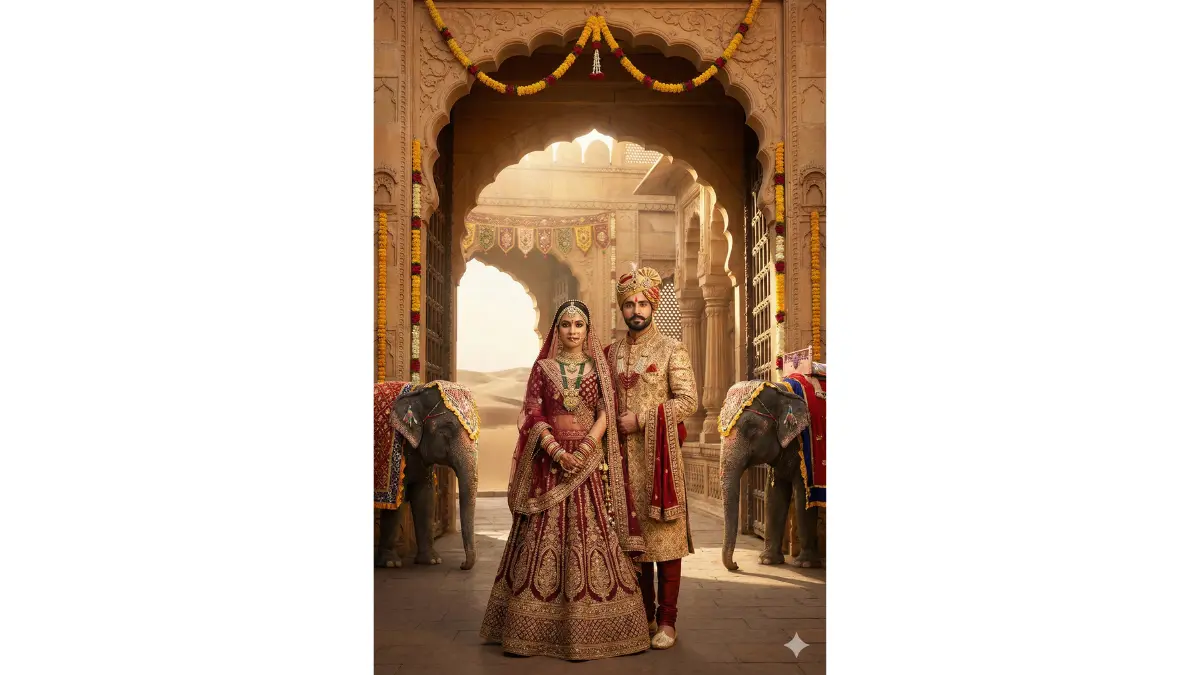 a royal desert fort gateway wedding portrait. Dress the bride in a heavily embellished bridal lehenga in maroon, red, or royal blue with complete solah shringar including passa, nath, mangalsutra, and bangles. Dress the groom in an ornate sherwani with a jeweled turban and traditional mojaris. Replace the background with a magnificent fort entrance (like Amber Fort or City Palace gateway) with carved pillars, traditional jali work, and desert visible through archways. Add elephant or horse decorations typical of royal Rajasthani weddings. Include dramatic natural lighting highlighting architectural details.