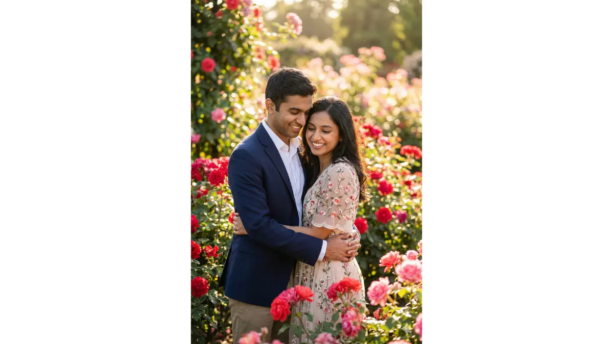Ultra-realistic 8K cinematic portrait of a loving couple in a blooming rose garden on Rose Day 2026. The couple stands close together, wrapped in a warm embrace. The man wears a casual blazer over a crisp shirt, the woman wears an elegant flowing dress. Surrounded by vibrant red and pink roses in full bloom. Soft golden-hour sunlight filters through the garden