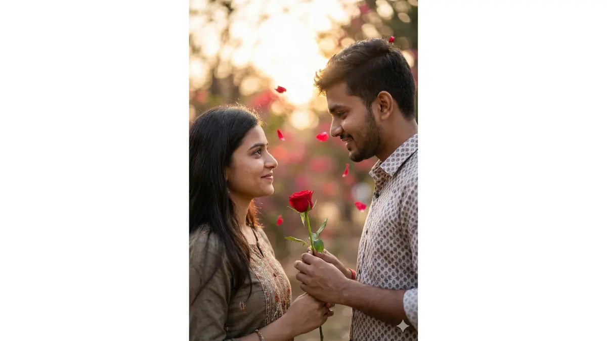 photo of a young Indian boyfriend and girlfriend into a romantic Rose Day moment: the boyfriend is gently handing a single vibrant fresh red rose to his girlfriend, both with natural shy smiles and loving eye contact, keep their exact faces, Indian features, skin tones, hair, and current outfits unchanged, add soft golden hour sunlight filtering through, gentle rose petals floating in the air around them, dreamy bokeh background with subtle pink-red tones, intimate close-up portrait composition