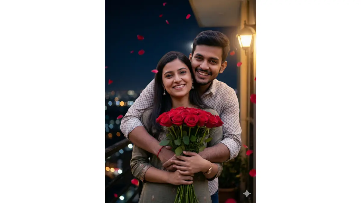 young Indian couple on a balcony overlooking city lights at night, boyfriend embracing girlfriend from side while she holds a bouquet of red roses, both with peaceful smiles, keep every facial detail, skin texture, outfits, and embrace pose identical to the original photo, add twinkling city bokeh, soft moonlight + warm balcony lamp glow, artistic falling petals