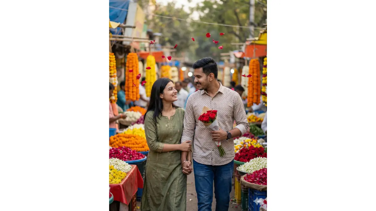 a vibrant Rose Day moment: young Indian boyfriend and girlfriend walking hand-in-hand through a colorful flower market, boyfriend holding a small bouquet of red roses he just bought for her, she smiling up at him, preserve exact faces, Indian skin tones, outfits, hair, and walking poses unchanged, add bustling market stalls with flowers in background, soft natural daylight, floating petals in air, lively yet intimate vibe, vertical 3:4 portrait aspect ratio, hyper-realistic candid style