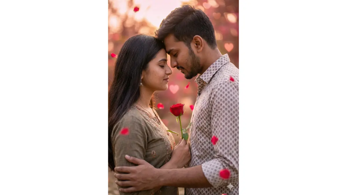 young Indian boyfriend and girlfriend in a gentle forehead touch pose, eyes closed peacefully, girlfriend holding a single red rose close to her chest, boyfriend's arm softly around her waist, keep all facial features, skin details, hair styles, outfits, and original expressions identical to the uploaded image, add soft pink-red glowing ambient light, subtle heart-shaped bokeh in the blurred background, falling rose petals artistically placed, portrait aspect ratio 2:3