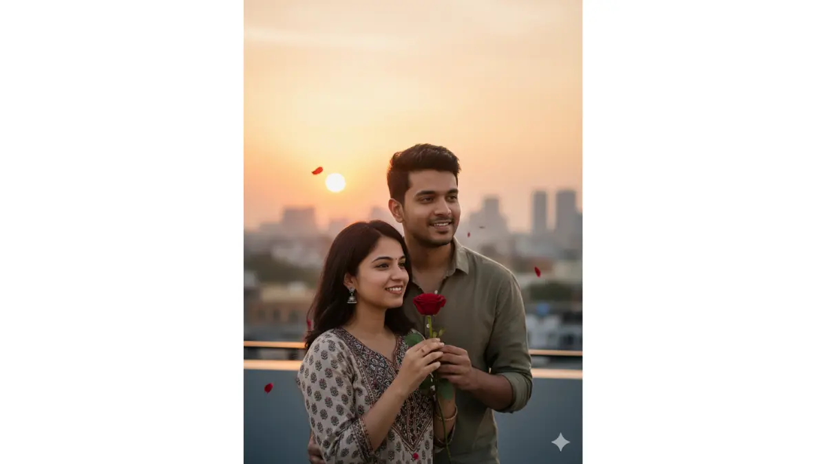 couple photo into a modern Rose Day portrait: they stand close on a city rooftop at golden hour sunset, boyfriend offering a single vibrant red rose while holding her hand, both gazing at the horizon with calm smiles, preserve exact faces, youthful expressions, skin details, outfits, and poses from the upload with no changes, add dramatic city skyline bokeh in background, warm orange-pink sky lighting, gentle wind-blown hair and rose petals drifting