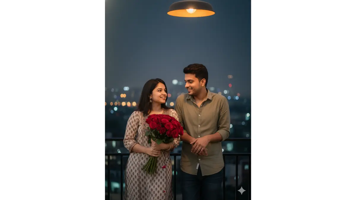 Rose Day balcony moment: couple leaning on balcony railing chatting, girlfriend holding a bouquet of red roses, soft night city view behind, preserve exact leaning poses, faces, casual outfits, hair, and conversation smiles, add twinkling lights bokeh, gentle falling petals, warm balcony lamp, vertical portrait 2:3 aspect ratio, photorealistic cozy home-date feel