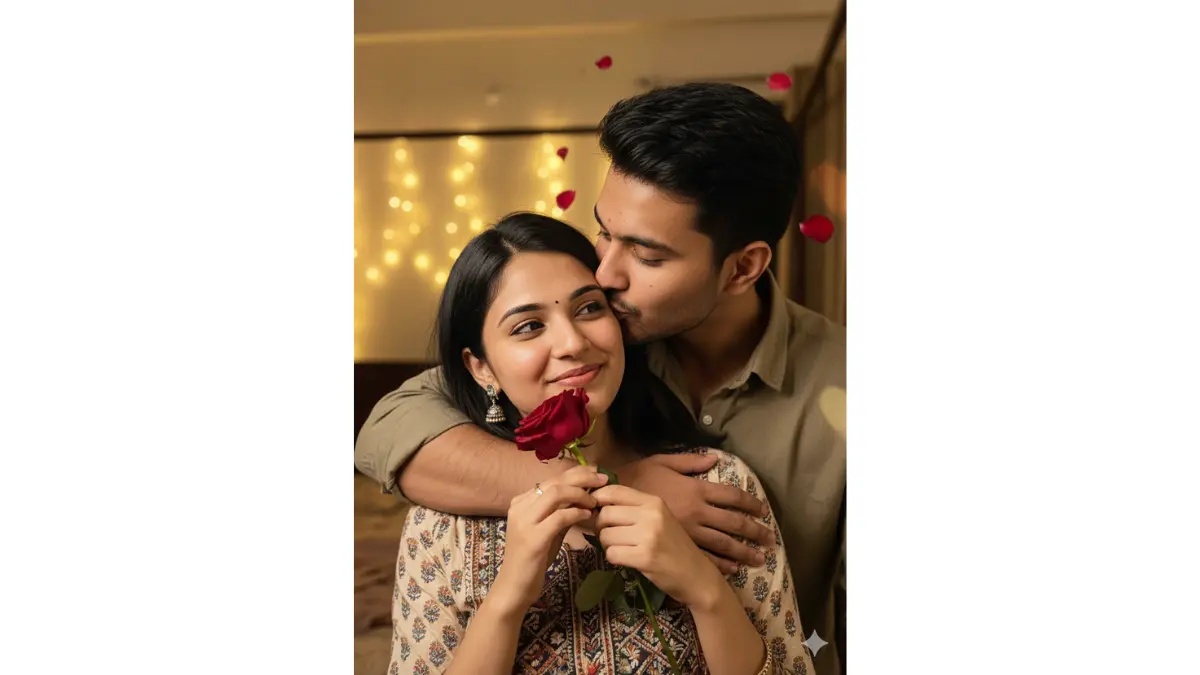 a young Indian boyfriend and girlfriend into a sweet Rose Day surprise: the boyfriend gently kisses her cheek while holding a single red rose near her face, both with shy happy smiles and eyes sparkling, preserve their exact faces, youthful Indian features, skin tones, hair, casual outfits, and expressions completely unchanged from the upload, add soft warm evening light, delicate red rose petals drifting around them, subtle heart bokeh in background, vertical portrait 2:3 aspect ratio