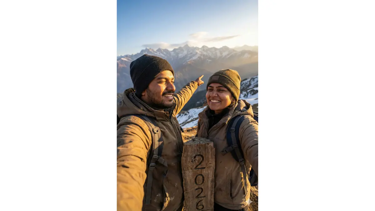 Generate an adventurous image of an Indian couple trekking in Himachal mountains Closeup shot during sunrise. Both wear hiking gear in complementary earth tones. They're standing at a viewpoint with majestic mountain ranges in background. '2026' carved into a wooden signpost. Dramatic morning light with golden rays. Inspiring, adventurous atmosphere for the New Year.