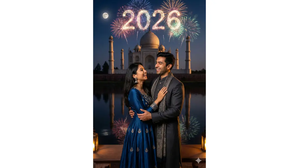 A romantic Indian couple in modern ethnic fusion wear—her in a flowing Anarkali with jhumkas, him in a bandhgala kurta—embracing under the Taj Mahal at midnight, bursting New Year 2026 fireworks reflecting in the Yamuna River, soft moonlight, joyful laughter on their faces, photorealistic, warm golden tones.