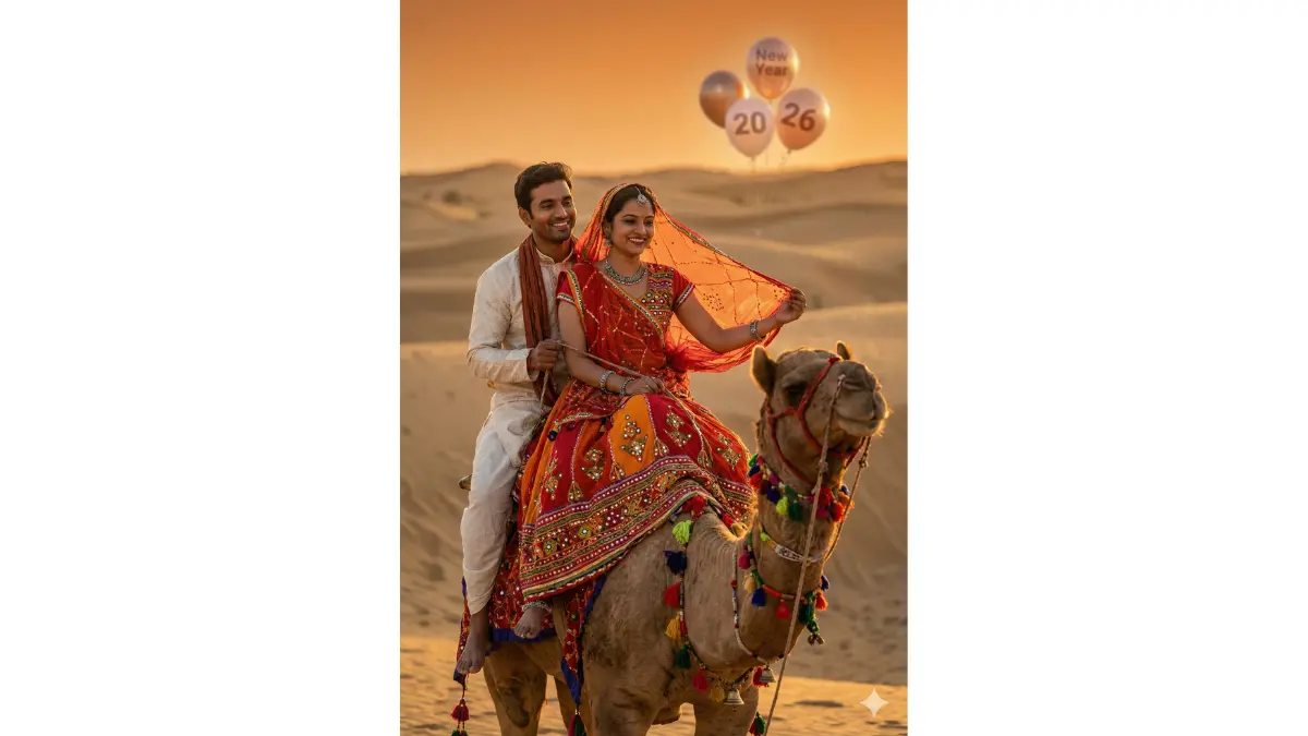 Ultra-realistic cinematic portrait (2:3 vertical) of an adventurous Indian couple riding a decorated camel in the Thar Desert at golden sunset. The woman wears a vibrant Rajasthani ghagra choli with intricate mirror-work embroidery, her sheer dupatta flowing naturally in the desert wind, jewellry catching warm sunlight. The man wears a traditional ivory dhoti kurta with a textured shawl, sitting confidently behind her. Faces clearly visible, sharp and expressive, soft joyful smiles, natural Indian skin tones, subtle eye catch lights. Endless golden sand dunes stretching into the horizon, soft footprints and camel textures visible. Warm orange and amber sunset sky, dramatic gradients with floating “New Year 2026” balloons drifting gently above, softly glowing and slightly out of focus for depth. Epic travel-photography composition, cinematic depth of field, foreground subject in crisp focus, background dunes gently blurred. Natural wind movement, realistic fabric flow, golden rim-light outlining hair and shoulders, professional DSLR realism, high dynamic range, no blur on faces, no distortion, premium cinematic portrait aesthetic.