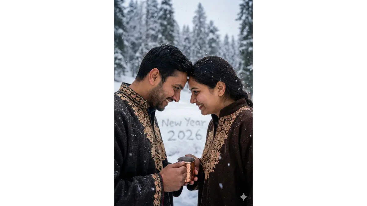 Ultra-realistic romantic portrait (2:3 vertical) of an Indian couple in traditional Kashmiri woolen pherans, standing close and cuddling during a light snowfall in Gulmarg, Kashmir. Faces are the absolute focal point — fully visible, front-facing at a slight angle, perfectly sharp and in high detail, eyes clearly visible with soft catchlights, no hair, scarf, or shadow covering facial features. Foreheads gently touching, calm smiles and intimate expressions, natural Indian skin tones with a soft winter blush, realistic skin texture, pores visible, no smoothing or blur. A soft warm key light subtly illuminating their faces from the front, balanced with cool snowy ambient light, ensuring bright, clear facial definition even during snowfall. Light snowflakes falling around but not in front of the faces, frozen mid-air for depth without obstruction. Snow-covered pine trees softly blurred in the background, creamy bokeh effect. The couple holds a cup of hot kahwa, gentle steam rising below chin level, not blocking faces. “New Year 2026” etched clearly in the snow behind them, slightly out of focus so faces remain dominant. Shallow depth of field, professional DSLR portrait realism, cinematic winter romance, face clarity priority, no motion blur, no low light noise, no obstruction.
