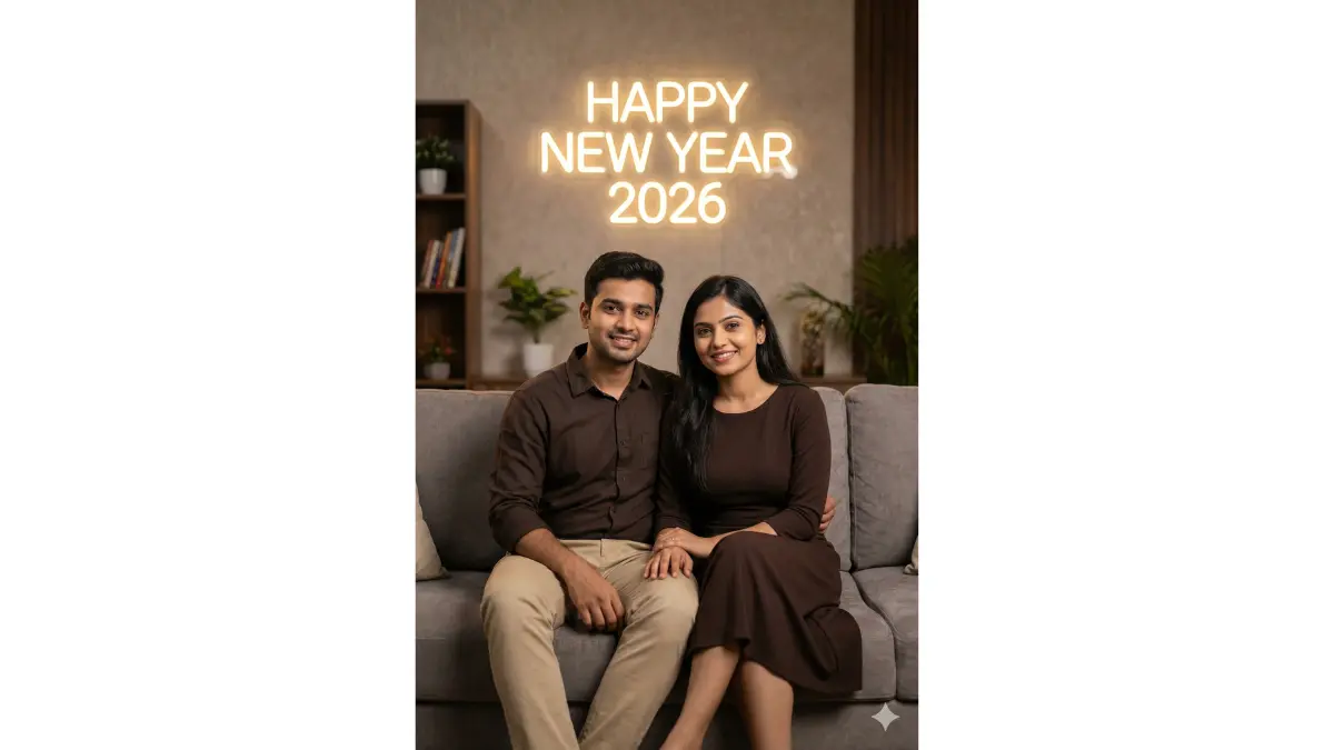 Ultra-realistic indoor vertical 2:3 portrait of a young Indian couple sitting close on a sofa, smiling naturally. Man in dark brown shirt and light trousers, woman in elegant dark brown dress. Faces perfectly sharp, front-lit, natural Indian skin tones, soft eye catchlights.
